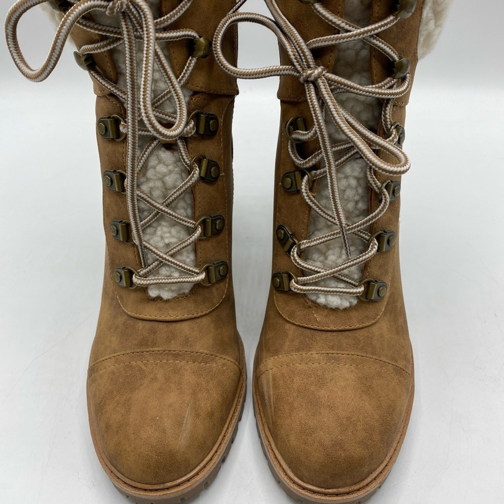 Chunky Heel Lace Up Faux Fur Lined Leather Boots 8.5 Nine West Brown Tan - Picture 2 of 7
